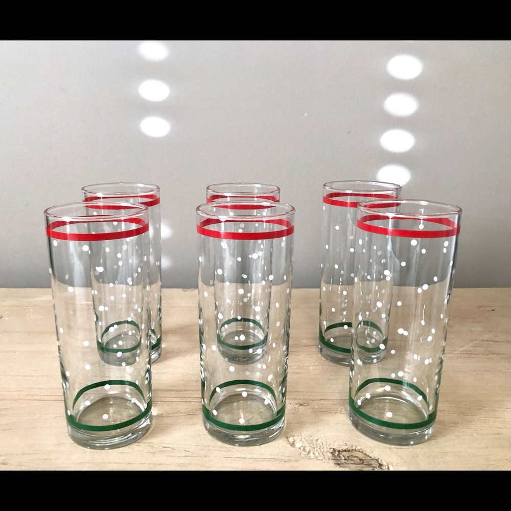 (6) Vintage Libbey Polka Dot Red Green Stripe Tumbler Cooler Glasses